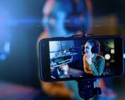 Woman recording a podcast with professional audio