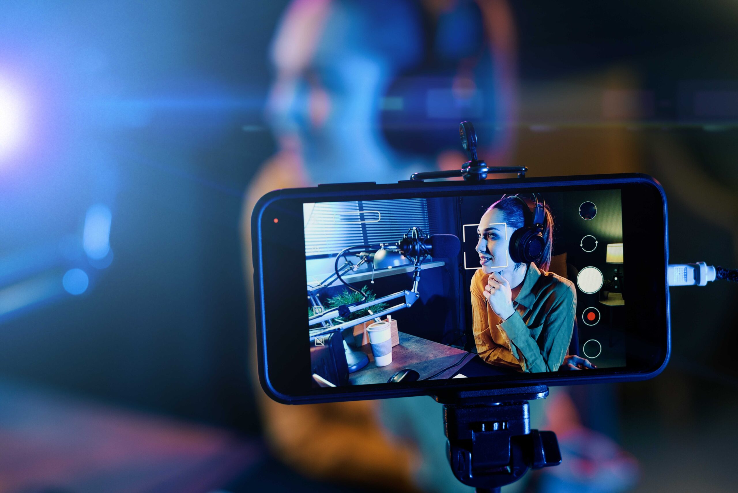 Woman recording a podcast with professional audio