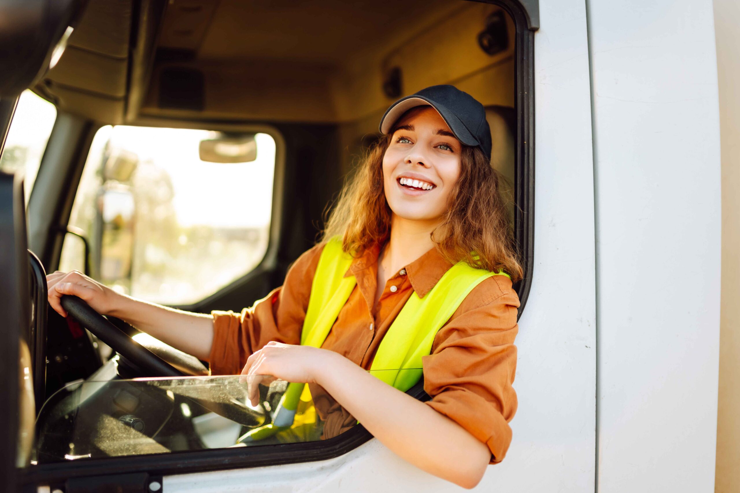 Happy woman professional truck driver making deliveries A businessman using social media to market his business.